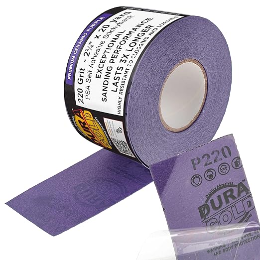 Dura-Gold Premium 220 Grit PSA Purple Film Ceramic Longboard Sandpaper, 2-3/4" Wide Continuous 20 Yard Roll - Self Adhesive Stickyback for Auto & Wood Air File Long Board Sanders, Hand Sanding Blocks