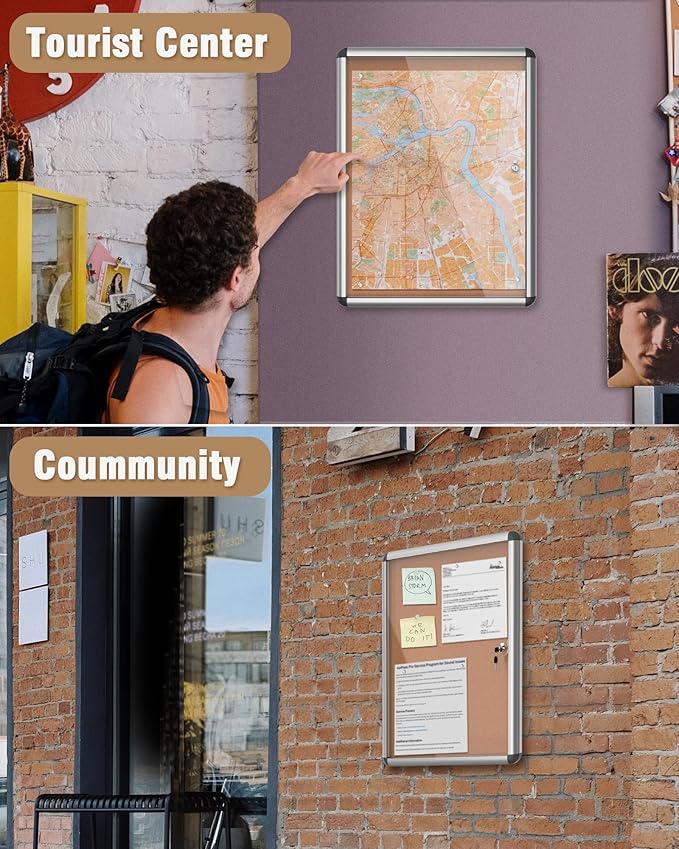 26"x20" Enclosed Bulletin Board, Lockable Weather-Resistant Aluminum Cork Noticeboard for School & Office, Silver Frame w/Cork