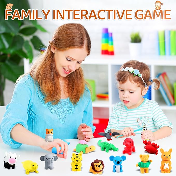 36Pcs Animal Erasers Kids Desk Pets Pencil Erasers 3D Puzzle Bulk Mini Animal Eraser Toys Fun Cute Eraser for Classroom Rewards, Game Prizes, Treasure Box, Easter Egg Fillers