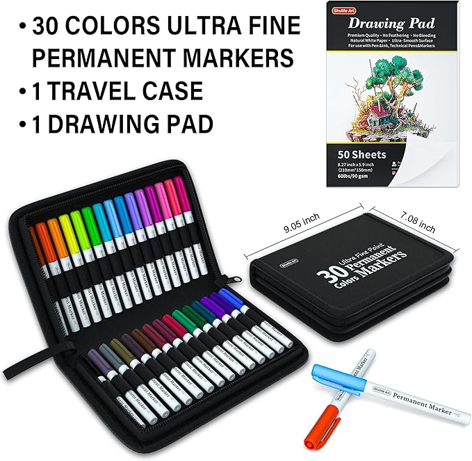 Shuttle Art Permanent Markers, 30 Assorted Colors Ultra Fine Point Permanent Marker Packed in Travel Case, Ideal Colored Markers Set for Adults Coloring Doodling on Plastic, Glass, Gift for Teens
