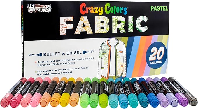 Super Markers 20 Unique Pastel Colors Dual Tip Fabric & T-Shirt Marker Set - Double-Ended Fabric Markers with Chisel Point and Fine Point Tips - 20 Permanent Ink Vibrant and Bold Colors