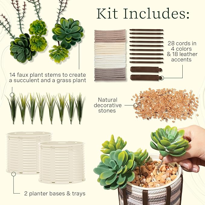 Lifelines FlowCrafts, Cord-Wrapped Planters - Create 2 Unique Planters with Cords in Multi-Colors, Leather Accents, Faux Plant Stems & Decorative Stones - Sensory Arts & Crafts Kit for Teens & Adults