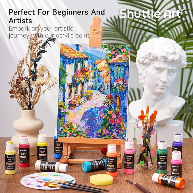Shuttle Art 100 Colors Acrylic Paint, 2oz/60ml Bottles, Include 2 Sets of 12 Paint Brushes, 1 Art Sponge & Palette, Premium for Artists, Beginners & Kids on Canvas Rocks Wood Ceramic