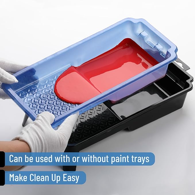 Bates- 4 Inch Paint Tray Set, 22 pcs, 1x 4 Inch Paint Roller Tray, 20x Disposable Plastic Liners & 1x Roller Frame, Black & Blue