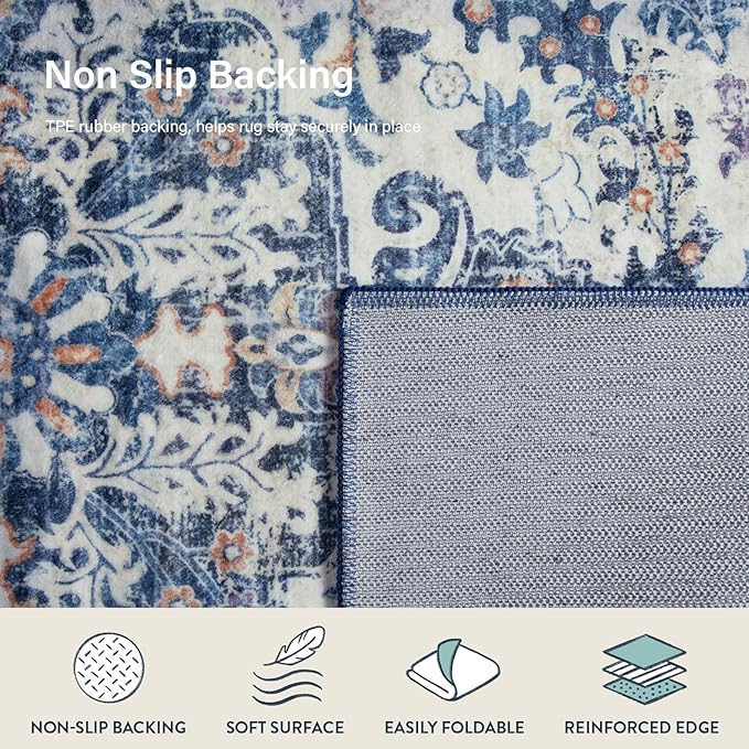 Lahome Large Area Rug 5x7 Washable Bohemian Rug for Bedroom Living Room, Medallion Non Slip Non Shedding Low Pile Printed Accent Indoor Floor Carpet for Dining Room Office Playroom, Blue Purple/Multi