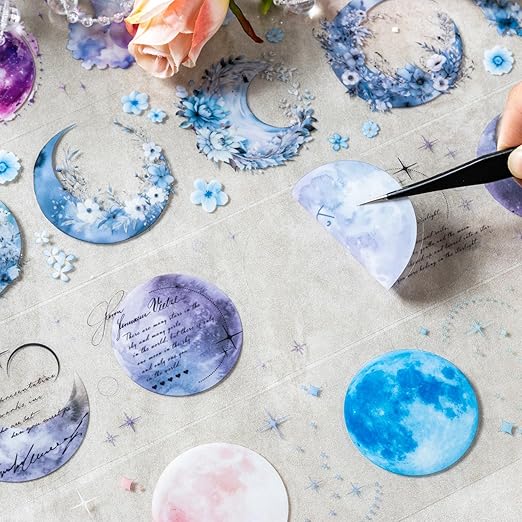 6 Rolls Moon Flower PET Tape Set, Pre-Cut Aesthetic Stickers for Journaling, Scrapbooking, and DIY Crafts, with Decorative Clip