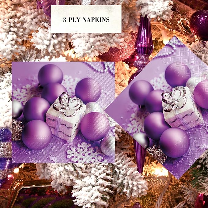 20-ct 13x13 Christmas Paper Decoupage Napkins, 3-Ply Servilletas Tissue Napkin for Dinner and Parties, Disposable Napkins (Lilac Xmas)