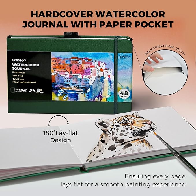Funto Watercolor Journal, 8.5x5.5, 2 Pack, 48 Pages Each, Green Leather Cover, Cold-Pressed, Inner Paper Pocket, Art Supplies for Mixed Media