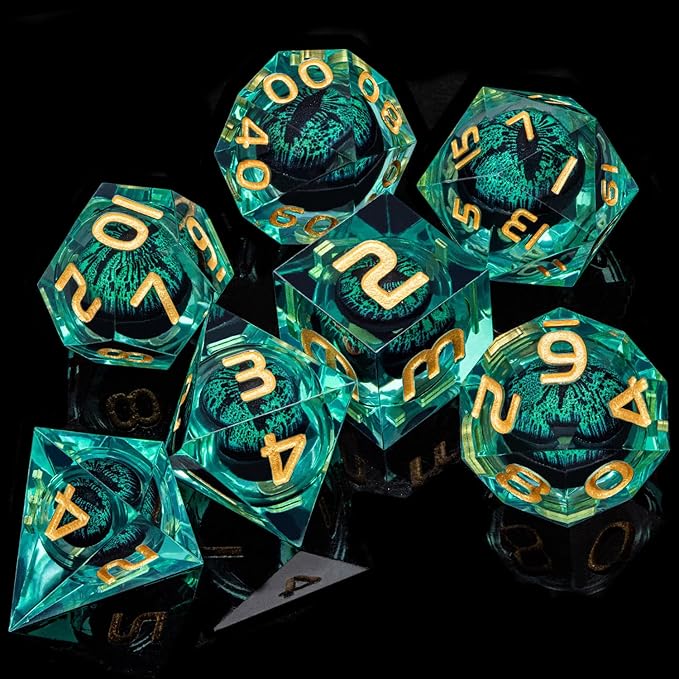 ARUOHHA Dragon Eye Dice Liquid Core DND Dice Green Sharp Edged Dice Set with Gift Box, Polyhedral D and D Dice Set Role Playing Game D20 D12 D10 D8 D6 D4