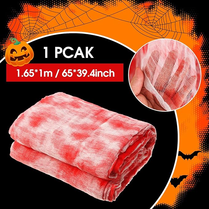 Boao Halloween Cheese cloth 64.96 x 39.37 Inch Bloody Cheesecloth Roll for Crafts Large Cotton Muslin Gauze Fabric for Halloween Outdoor & Indoor Spooky Decoration