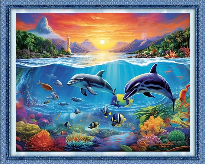 DMCVIVR Stamped Cross Stitch Kits for Adults Beginners Embroidery Kits 11CT Needlepoint Kits Cross Stitch Patterns Embroidery Patterns&Dolphin Sea World 16x20 inch