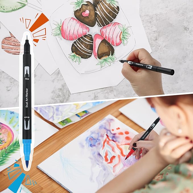 72 Colors Dual Tip Markers Set, Water-Based Ink Brush & Chisel Double Tipped Art Markers for Kids Adults Beginners & Artists in Sketching, Coloring, Note-taking