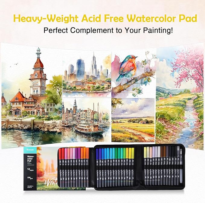 Watercolor Pens Set, 36-Color Dual Tip Paint Markers, Water-Based Coloring Markers with 1 Aquapen, 1 Colorless Blender, 1 Black Marker, and 12-Page Pad, Art Supplies for Artists and Beginners