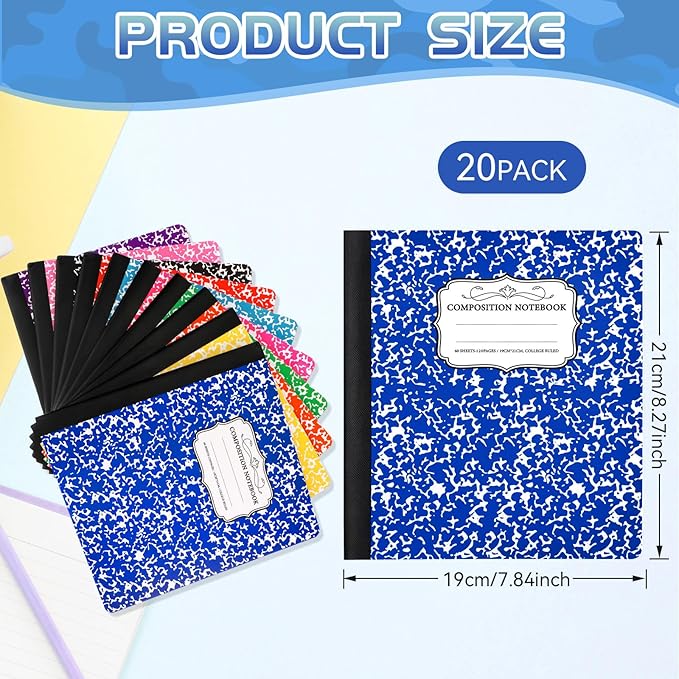 Seajan 20 Pack Composition Notebooks, Wide Ruled Paper, 7-1/2" x 9-3/4" Marble Hard Covers, 60 Sheets, Composition Notebooks Bulk for Students Back to School Adults Office Supplies(Colorful)
