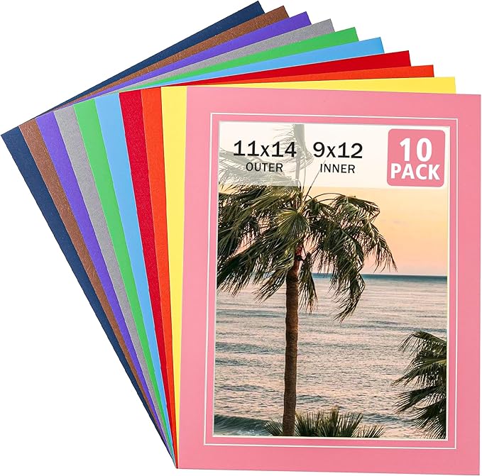 HOTUO 10 Pack Colorful 11x14 Picture Mats, Pre-Cut 11x14 Picture Frame Mat with Ivory Core Bevel Cut for 9x12 Photo, Signature Friendly 4 Ply Thickness Photo Mat for Frames (Colorful with V-Groove)
