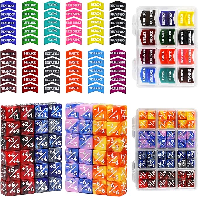 SIXPOINTS 108PCS 12mm MTG Counter Dice +1/+1 Tokens 6 Sided Dice & MTG Keyword Counters Tokens Set for Magic The Gathering, MTG, TCG, Card Games Accessories (4 Color Dices#E + MTG Keyword Counters)