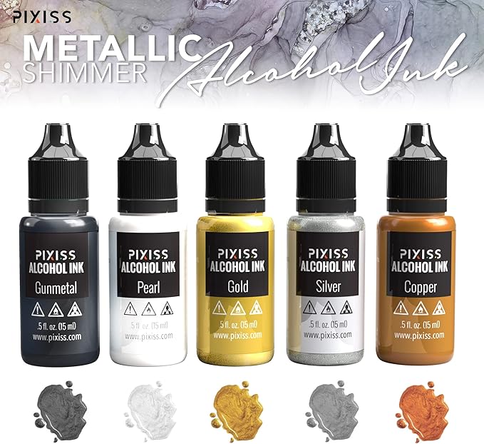 Metallic Alcohol Ink Set - Gold, Silver, Gunmetal, Copper, Pearl with Extreme Shimmer - Large 0.5 Ounce Inks