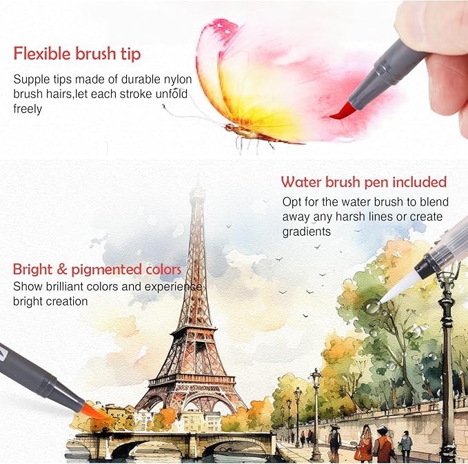 24 Colors Blendable Watercolor Markers 2025 Upgrade Double Tip Paint Pens with 1 Water Brush Pen Water Based Coloring Pens Drawing Markers Set with Flexible Brush Tip for Artists and Beginners