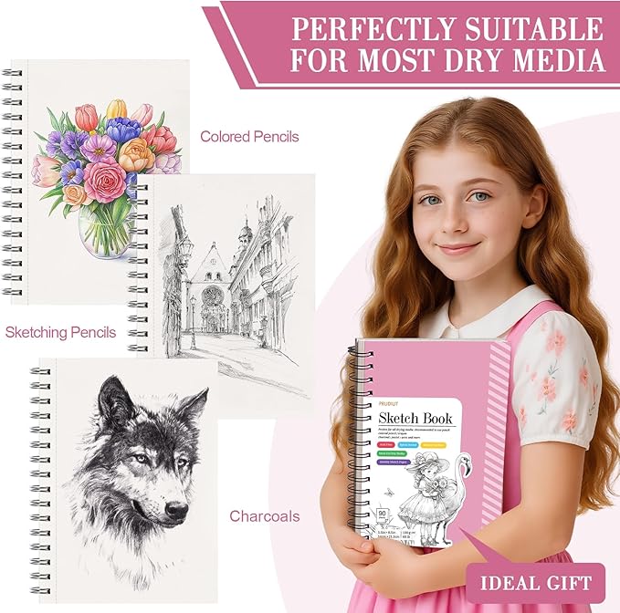 Sketch Book with 12 Color Pencil Set, 90 Sheets Spiral Sketchbook for Drawing (68lb/100gsm), Acid-Free Sketch Pad for Kids Artist, Art Paper Drawing Supplies for Gifts(Pink)