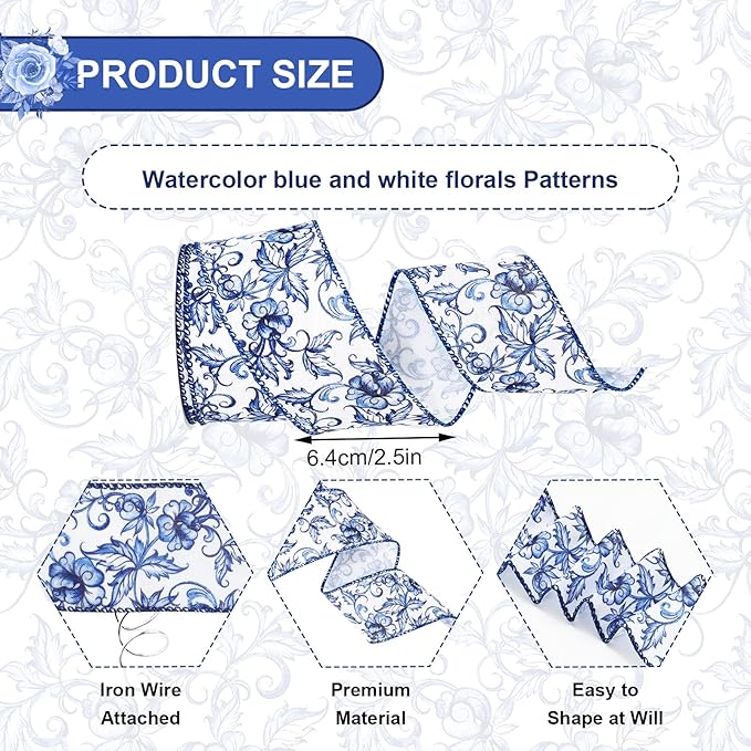 Blue White Floral Wired Edge Ribbon Roll Vintage Watercolor Flower Craft Ribbon Chinoiserie Fabric Ribbon for Wreath Bow Making DIY Craft Wrapping Party Supplies, 12 Yard