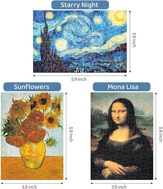150 Puzzles Mini Jigsaw for Adults & Kids, 6 x 4 Small Capsule Tube Sets - Starry Night Mona Lisa Sunflower Pack