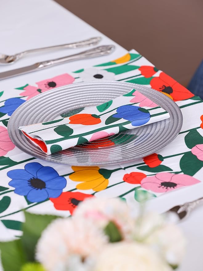20 Pack Designer Paper Napkins, 3-Ply 6.5x6.5-inches Disposable Decorative White Floral Luncheon Cocktail Napkin for Wedding Event/Birthday/Anniversary Party/Baby Shower