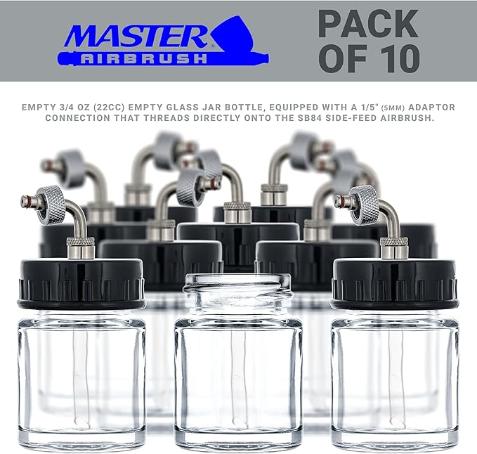 Master Airbrush Brand Box of 10-Each TB-007 Empty 3/4-Ounce, (22cc) Glass Bottle for SB84 Side-Feed Mount Airbrush