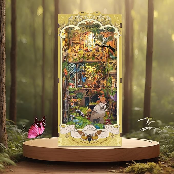 DIY Book Nook Kit,DIY Dollhouse Booknook Bookshelf Insert Decor,3D Wooden Puzzles with LED Dust Cover,Book Nook Miniature Kit,Birthday Halloween Home Decor for Teens Adult-Insects Story