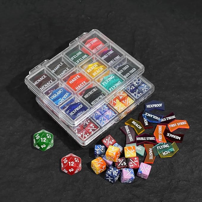 110PCS MTG Keywords Tokens & 12mm Dice Counter for Magic The Gatering, Bulk Ability Tokens MTG Life Counters D20 Loyalty 6 Sided Dice, Compatible with TCG CCG Magic Card Gaming Accessories