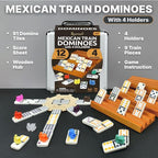 Mexican Train Dominoes Set with 4 Holders - Dominoes Double 12 with Wooden Hub and Tiles Holders - Double 12 Dominos Set for Family Game Night for Adults and Kids Ages 8 and up (D12 + 4 Holders)