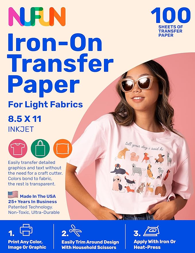 NuFun Activities Printable Iron-on Heat Transfer Paper for T Shirts, Light Fabrics, 100 Sheets 8.5 x 11 inch, Long Lasting, Durable, Professional Quality, Easy DIY, Non-Toxic, Made In the USA