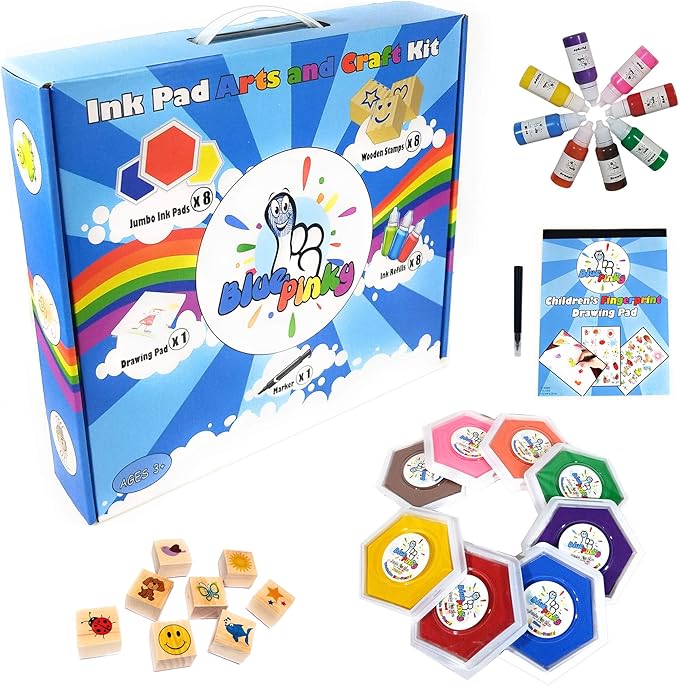 Washable Stamp Pads for Kids Arts and Crafts Jumbo Non-Toxic Ink with Wooden Stamps, Drawing Pad, Marker and Ink Refills