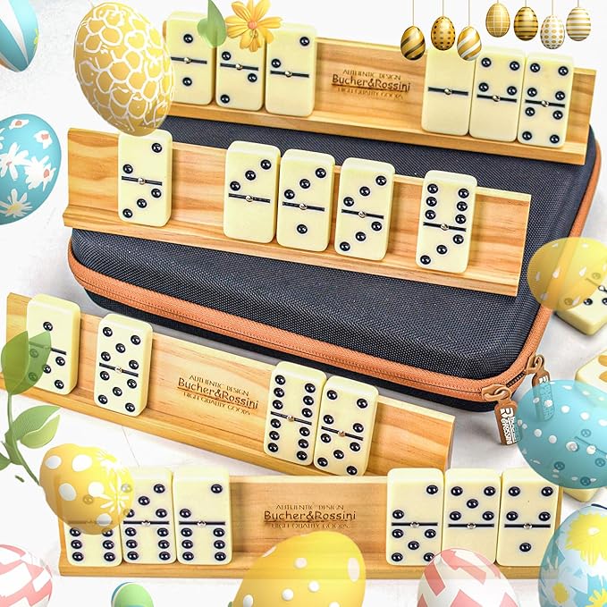 Dominos Set Adults with 4 Domino Racks Double Six Dominoes set in Portable Case Double 6 Domino's Game Set with 4 Wooden Domino Holders in EVA Hard Case Sturdy and easy to carry Ideal Gift Present