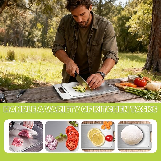 Titanium Cutting Board with Juice Groove-Pure Titanium Cutting Boards For Kitchen，Double-Sided Metal Chopping Board Titanware Cutting Mat for Cutting Meats, Fruits & Vegetables (11.4"L x 7.9"W)