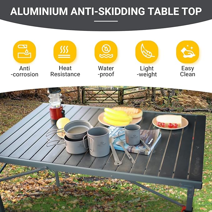 KingCamp Aluminum Folding Lightweight Roll Portable Stable Table for Camping Picnic Barbecue Backyard Party, Indoor & Outdoor, Oversize, Silver Black