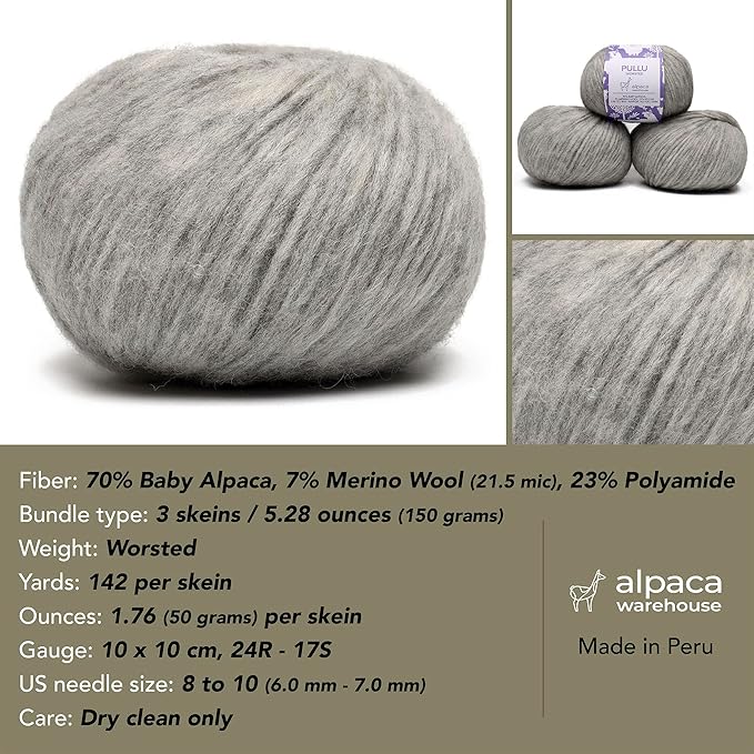 Pullu - Baby Alpaca Merino Wool Yarn Set of 3 Skeins (150 Grams) Worsted Weight - Sourced Directly from Peru - Heavenly Soft and Perfect for Knitting and Crocheting (Heather Silver Gray)