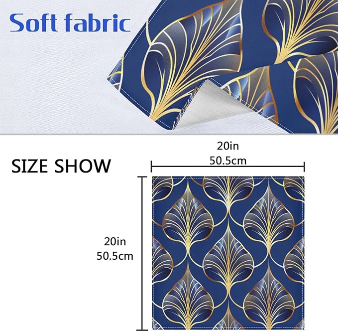 ALAZA Art Deco Floral Royal Blue & Gold Cloth Napkins Set of 6, 20x20 Inch Washable and Reusable Napkin for Decoupage Dinner Party Everyday Use