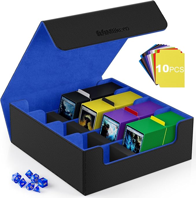 Mlikero Card Deck Case, 2400+ Trading Card Storage Box with 10 Colorful Dividers and 4 Foam Stoppers, Leather Magnetic Closure Commander Deck Box Fit for MTG, TCG (4 Rows, Black&Blue)
