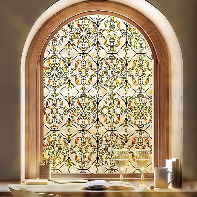 3D Stained Glass Window Privacy Film, Heat Control UV Blocking Static Cling Decorative Window Film for Bathroom,Front Door,Home Non Adhesive 16.9 x 78.7 inches Golden Filigree