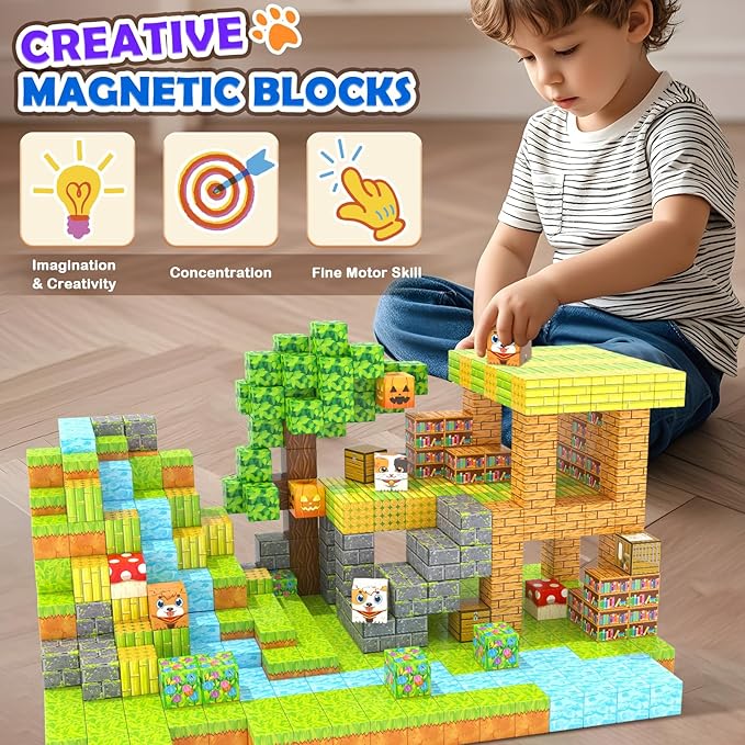 Large Magnetic Blocks 1" Building Cubes Toys for Kids Ages 4-6 5-7 8-12, Magworld Bamboo House Building Craft Construction Toy Set, Creative Sensory Toys Game Gift for 3+ Year Old Boys Girls