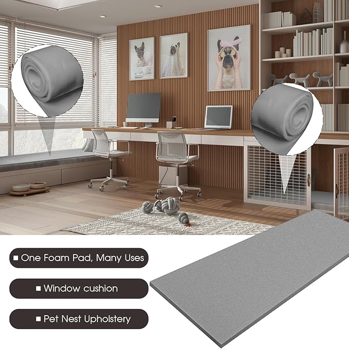 Amylove Polyurethane Foam 24" x 72" High Density Cushion Upholstery Foam Sheet for Seat Replacement DIY Projects Chairs Headboards Sofas Home(1/4" X 24" X 72",Gray)