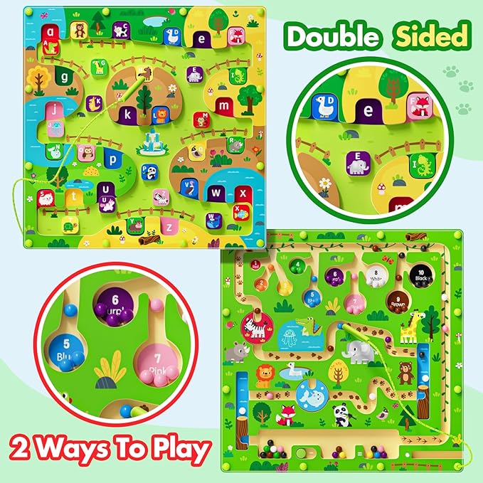 2 in 1 Magnetic Color and Number Maze Magnet Alphabet Counting Double Sided Board Wood Puzzle Fine Motor Skills Montessori Preschool Toys Gifts for Boys and Girls 3-5 Age (Big Zoo, One Size)