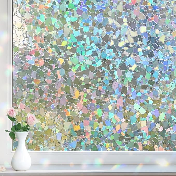 DOWELL Window Privacy Film Rainbow Film, Stained Glass Decorative Sticker, Static Cling Non-Adhesive Glass Clings, Sun Blocking Heat Control Window Coverings for Home Door, 17.5" x 78.7"