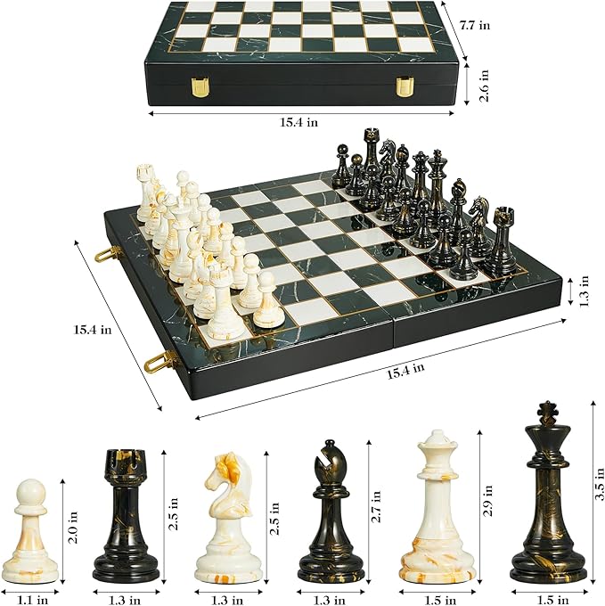15" Large Chess Set for Adults- Weighted Acrylic Pieces Including Extra 2 Queens, 3.5" King w/Leather Base, Portable Folding Marbling Wooden Chess Board - Travel/Family Game & Elegant Gift