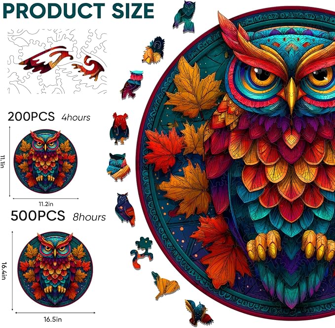 Wooden Puzzles for Adults, Colorful Owl Puzzles 200 Pieces, Unique Shaped Jigsaw Puzzles for Adults and Kids, Birthday Gifts Fun Challenge Family Game 11.2'' x 11.2''