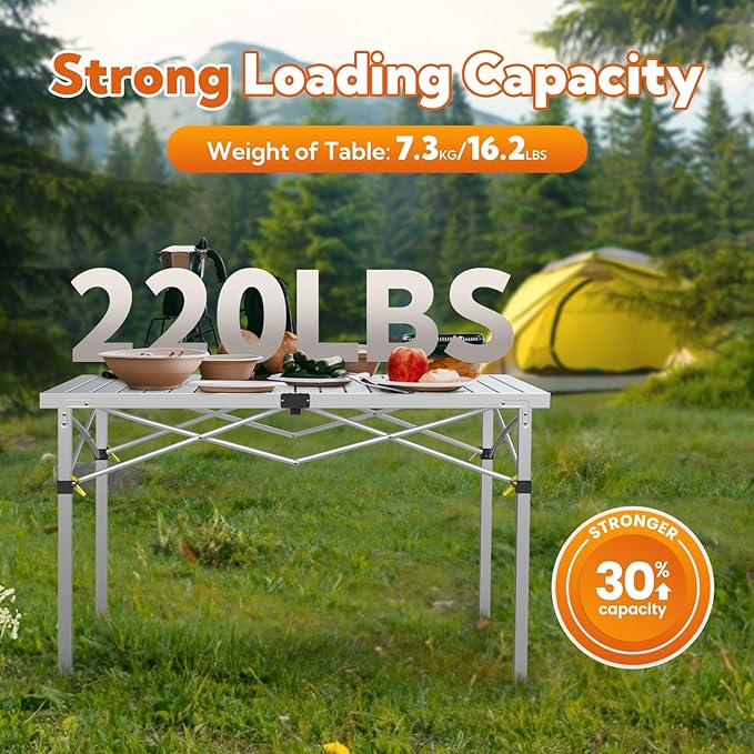 Large 46.4" Camping Table for 2-6 People - 220lbs Capacity Heavy Duty Foldable Outdoor Table with Aluminum Roll-Up Top & Carry Bag, Portable Picnic Desk for BBQ, Tailgating, Backyard (Silver)