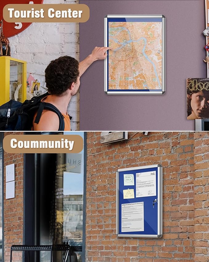 26"x20" Enclosed Bulletin Board, Lockable Weather-Resistant Aluminum Cork Noticeboard for School & Office, Silver Frame w/Blue Flet
