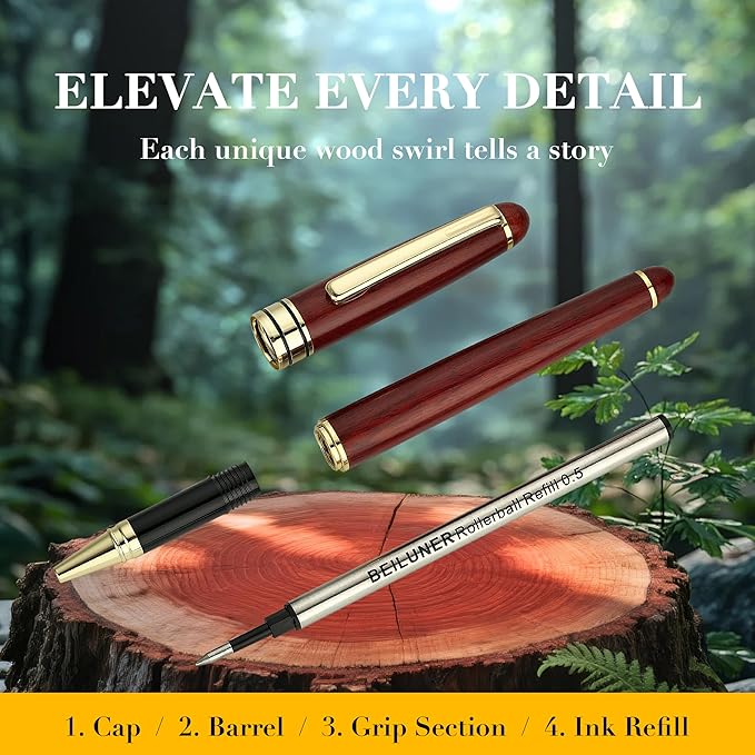 BEILUNER Luxury Wood Ballpoint Pen Writing Set,Rosewood-Elegant Fancy Nice Gift Pen Set for Signature Executive Business Office Fancy Nice Supplies - Christmas Gift Boxed with Extra Refills (Black)