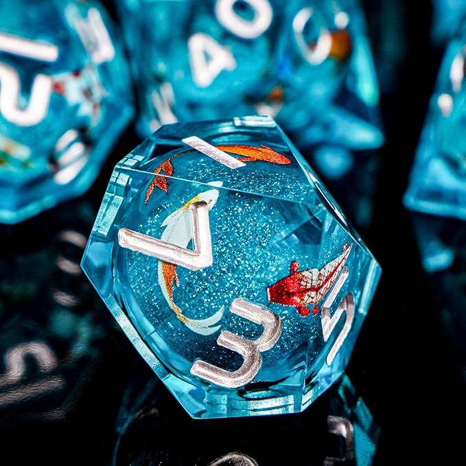 ARUOHHA Liquid Core DND Dice Set, 7pcs Resin Blue Sharp Edged Dragons Dice Compatible with D&D Role Playing Games, Handmade RPG Koi Fish Dungeons Polyhedral Dice Set D20 D12 D10 D8 D6 D4