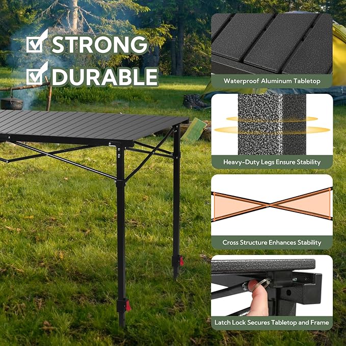 Portable Outdoor Adjustable Height Camping Table, Large for 2-6 Person, Foldable Roll-up Aluminum Camp Table with Carry Bag for Picnic, Camp, Sturdy, Stable, Loads 220 Lbs (Black)